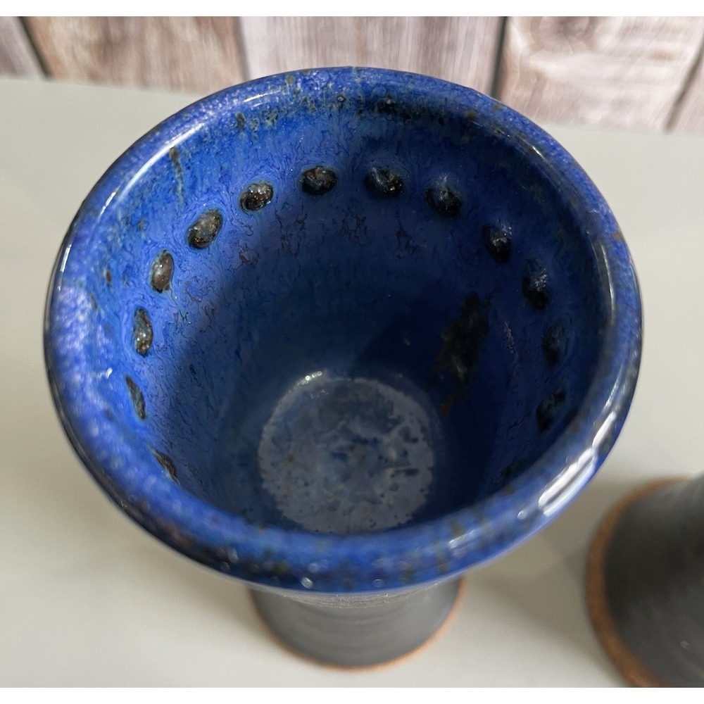 Handmade Studio Pottery Goblets Pair Gunmetal Cobalt Blue Stoneware Chalice 4oz - Picture 5 of 16
